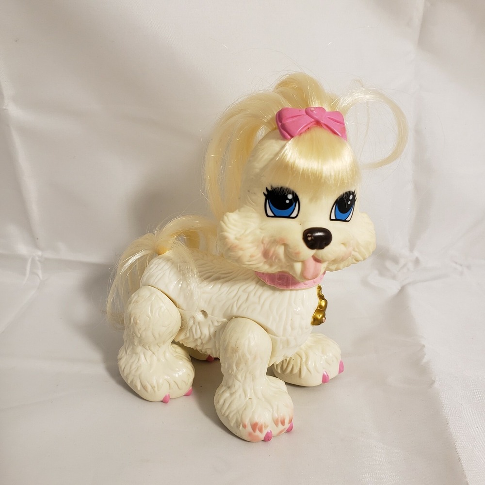 Vintage Fisher Price White Dog Toy  Posable Puppy Small 4" Pink Bow